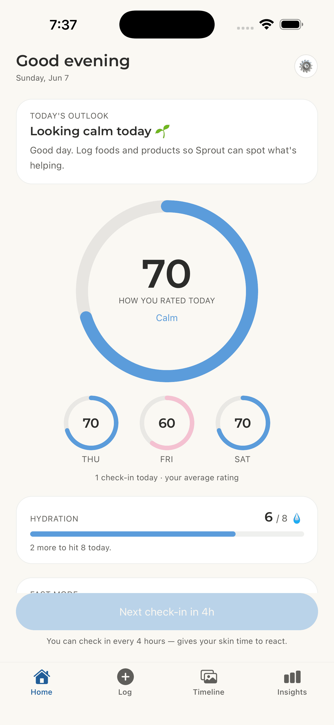Bloomly home screen — your daily skin check-in